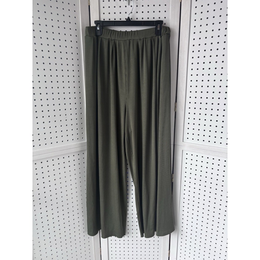 CIDER Super Wide Leg Ribbed Palazzo Trousers Women's 1X Pants Green Pull On